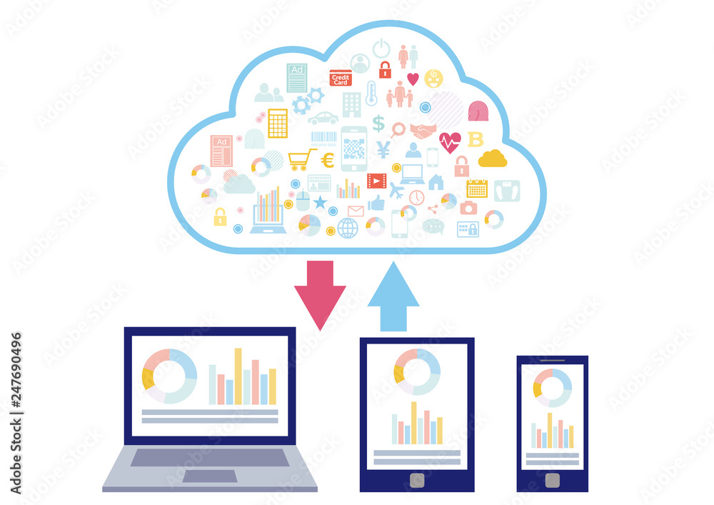 クラウドネットワークに紐づくパソコンとスマホとタブレット アイコンフラットデザイン白背景イラスト Stock Vector Adobe Stock クラウドネットワークに紐づくパソコンとスマホとタブレット アイコンフラットデザイン白背景イラスト Stock Vector Adobe Stock