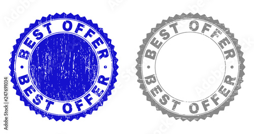 Grunge BEST OFFER stamp seals isolated on a white background. Rosette seals with grunge texture in blue and gray colors. Vector rubber imitation of BEST OFFER label inside round rosette.