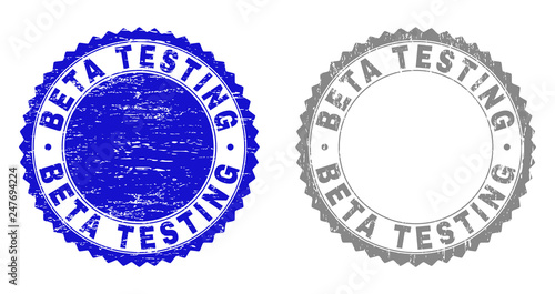 Grunge BETA TESTING stamps isolated on a white background. Rosette seals with grunge texture in blue and grey colors. Vector rubber imitation of BETA TESTING label inside round rosette.