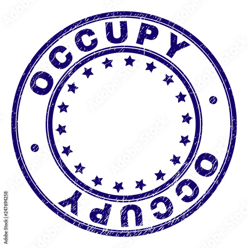 OCCUPY stamp seal imprint with grunge texture. Designed with circles and stars. Blue vector rubber print of OCCUPY label with grunge texture.