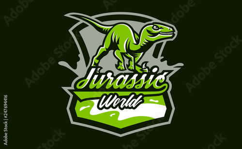 The emblem of an aggressive dinosaur, sharp teeth. Sports logo dino. Extinct predatory, Jurassic period. Vector illustration