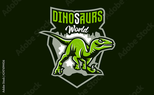 The emblem of an aggressive dinosaur, sharp teeth. Sports logo dino. Extinct predatory, Jurassic period. Vector illustration