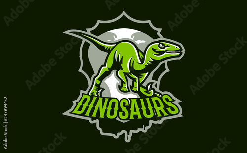 The emblem of an aggressive dinosaur, sharp teeth. Sports logo dino. Extinct predatory, Jurassic period. Vector illustration