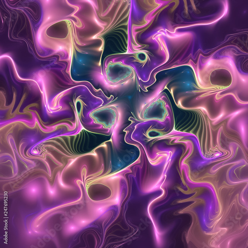 Abstract blue and violet glossy zigzag pattern. Digital fractal art. 3d rendering.