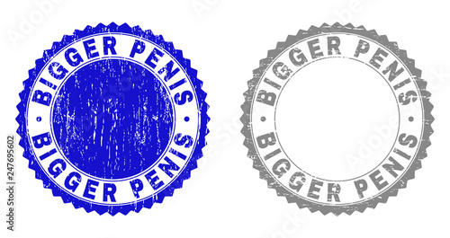Grunge BIGGER PENIS stamp seals isolated on a white background. Rosette seals with grunge texture in blue and gray colors. Vector rubber imitation of BIGGER PENIS title inside round rosette.