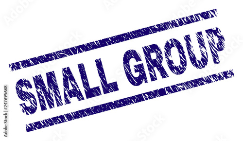 SMALL GROUP seal imprint with grunge style. Blue vector rubber print of SMALL GROUP caption with scratched texture. Text caption is placed between parallel lines.