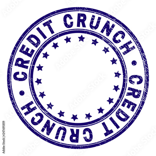 CREDIT CRUNCH stamp seal imprint with distress texture. Designed with circles and stars. Blue vector rubber print of CREDIT CRUNCH label with unclean texture.