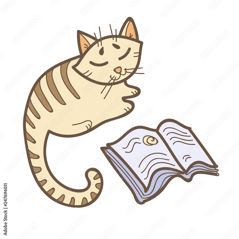 A little cat reading a book. Cute kitten isolated on background. Education vector illustration. Back school image. Adorable animal clip Stock-vektor | Stock