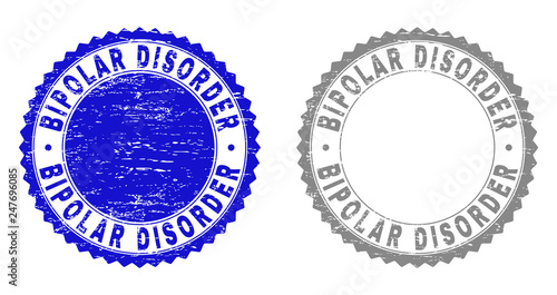 Grunge BIPOLAR DISORDER stamp seals isolated on a white background. Rosette seals with grunge texture in blue and grey colors. Vector rubber overlay of BIPOLAR DISORDER title inside round rosette.