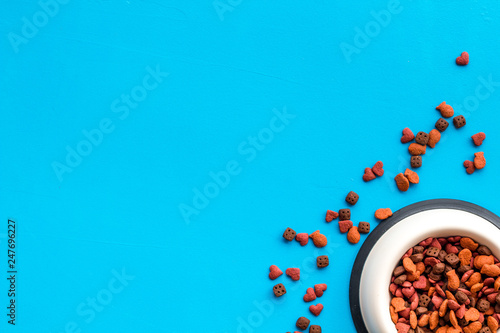 Dry cat food in bowl on blue backgorund top view space for text