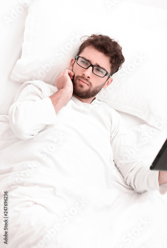 background image . modern man with digital tablet