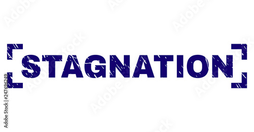 STAGNATION label seal print with distress texture. Text tag is placed between corners. Blue vector rubber print of STAGNATION with unclean texture.