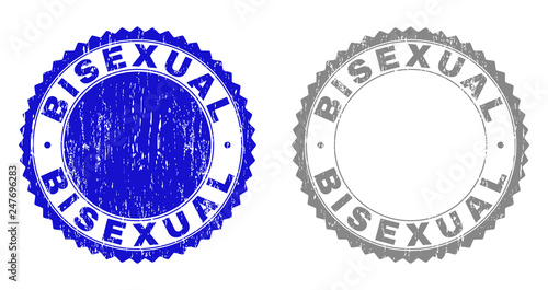 Grunge BISEXUAL stamps isolated on a white background. Rosette seals with grunge texture in blue and grey colors. Vector rubber overlay of BISEXUAL caption inside round rosette.