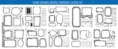 Hand drawn line, border, frame vector design element set. Template for invitation or greeting card.