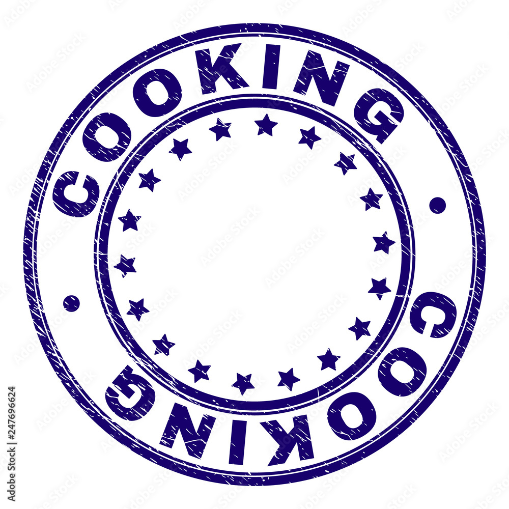 COOKING stamp seal watermark with grunge texture. Designed with round shapes and stars. Blue vector rubber print of COOKING caption with scratched texture. COOKING stamp seal watermark with grunge texture. Designed with round shapes and stars. Blue vector rubber print of COOKING caption with scratched texture.