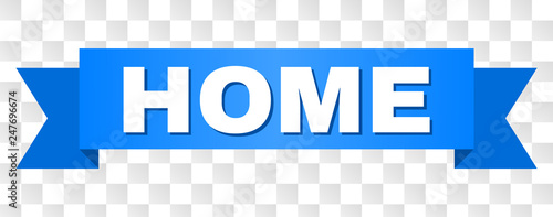 HOME text on a ribbon. Designed with white caption and blue tape. Vector banner with HOME tag on a transparent background.