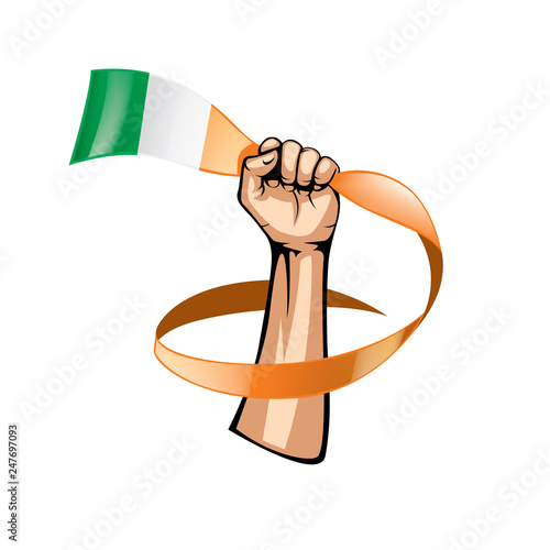 Ireland flag and hand on white background. Vector illustration