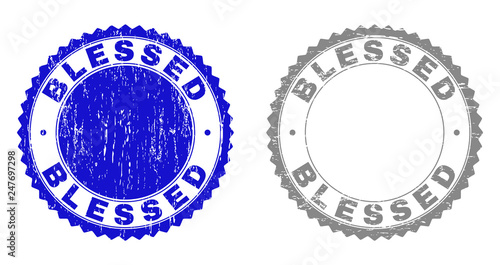 Grunge BLESSED stamp seals isolated on a white background. Rosette seals with grunge texture in blue and gray colors. Vector rubber watermark of BLESSED caption inside round rosette.