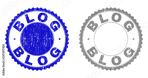 Grunge BLOG stamp seals isolated on a white background. Rosette seals with grunge texture in blue and grey colors. Vector rubber imprint of BLOG label inside round rosette.