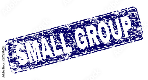 SMALL GROUP stamp seal print with grunge style. Seal shape is a rounded rectangle with frame. Blue vector rubber print of SMALL GROUP title with unclean style.