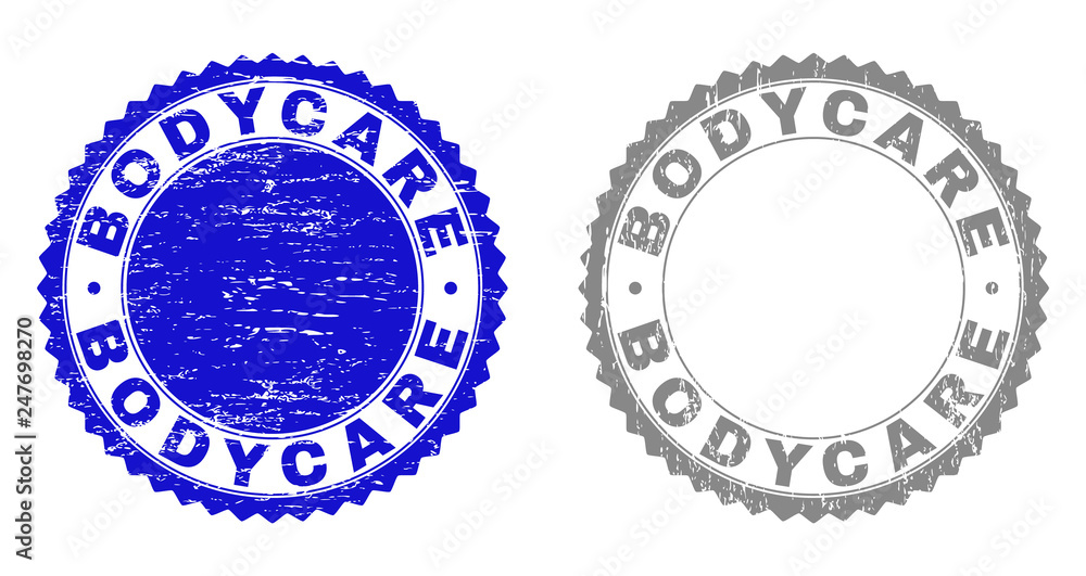 Grunge BODYCARE stamp seals isolated on a white background. Rosette seals with grunge texture in blue and gray colors. Vector rubber imitation of BODYCARE caption inside round rosette. Grunge BODYCARE stamp seals isolated on a white background. Rosette seals with grunge texture in blue and gray colors. Vector rubber imitation of BODYCARE caption inside round rosette.