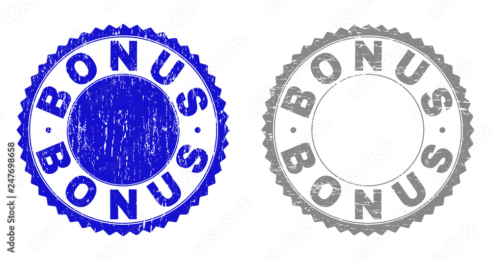 Grunge BONUS stamp seals isolated on a white background. Rosette seals with grunge texture in blue and grey colors. Vector rubber watermark of BONUS tag inside round rosette. Grunge BONUS stamp seals isolated on a white background. Rosette seals with grunge texture in blue and grey colors. Vector rubber watermark of BONUS tag inside round rosette.