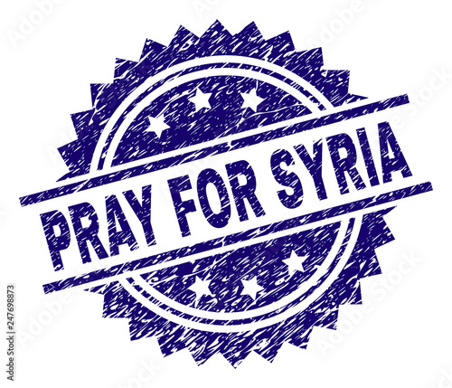 PRAY FOR SYRIA stamp seal watermark with distress style. Blue vector rubber print of PRAY FOR SYRIA caption with dirty texture.