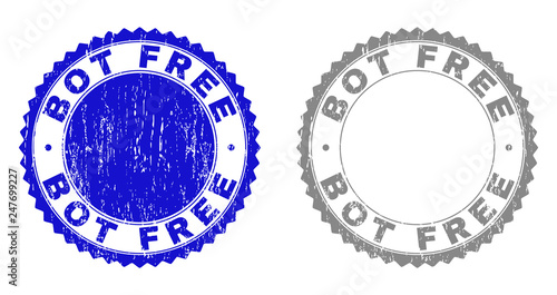Grunge BOT FREE stamp seals isolated on a white background. Rosette seals with grunge texture in blue and gray colors. Vector rubber watermark of BOT FREE tag inside round rosette.