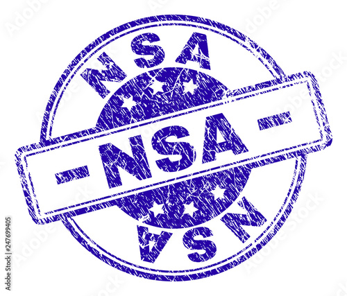 NSA stamp seal imprint with distress texture. Designed with rounded rectangles and circles. Blue vector rubber print of NSA text with unclean texture.