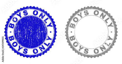 Grunge BOYS ONLY stamp seals isolated on a white background. Rosette seals with distress texture in blue and gray colors. Vector rubber imitation of BOYS ONLY tag inside round rosette.