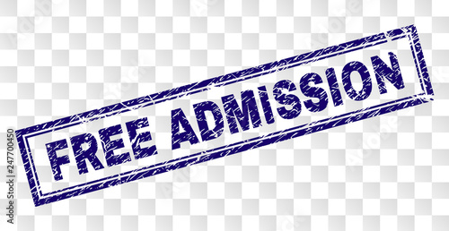 FREE ADMISSION stamp seal imprint with rubber print style and double framed rectangle shape. Stamp is placed on a transparent background.