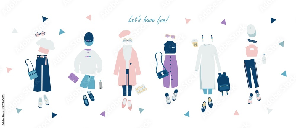 Girl's spring and sumemr clothing illustration. casual and sporty style. Girl's spring and sumemr clothing illustration. casual and sporty style.