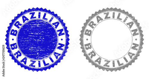 Grunge BRAZILIAN stamps isolated on a white background. Rosette seals with grunge texture in blue and grey colors. Vector rubber imitation of BRAZILIAN label inside round rosette.