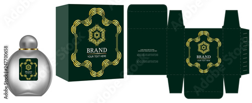 Packaging design, Label on cosmetic container with green and gold luxury box template and mockup box. illustration vector.