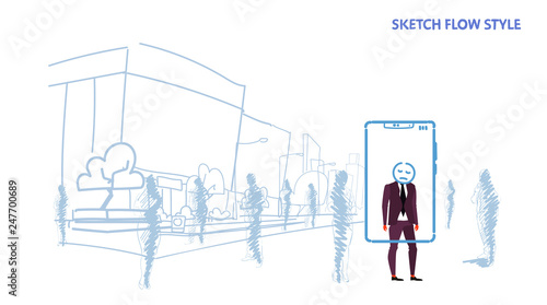 businessman standing out from crowd people silhouettes using mobile application tired mask face smartphone screen city street cityscape background sketch flow style horizontal