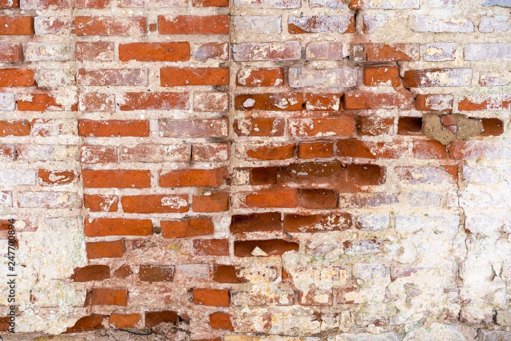 Obraz premium a fragment of an old flaked unrestored brick wall of an orthodoxal church in a small Russian town