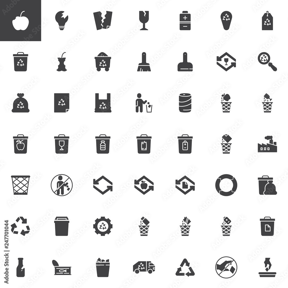 Garbage and recycling vector icons set, modern solid symbol collection, filled style pictogram pack. Signs logo illustration. Set includes icons as organic food waste, garbage bag, battery utilization Garbage and recycling vector icons set, modern solid symbol collection, filled style pictogram pack. Signs logo illustration. Set includes icons as organic food waste, garbage bag, battery utilization