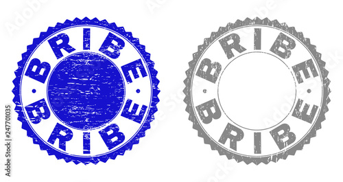 Grunge BRIBE stamp seals isolated on a white background. Rosette seals with grunge texture in blue and gray colors. Vector rubber imprint of BRIBE caption inside round rosette.