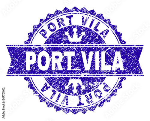 PORT VILA rosette stamp watermark with grunge texture. Designed with round rosette, ribbon and small crowns. Blue vector rubber watermark of PORT VILA text with retro texture.