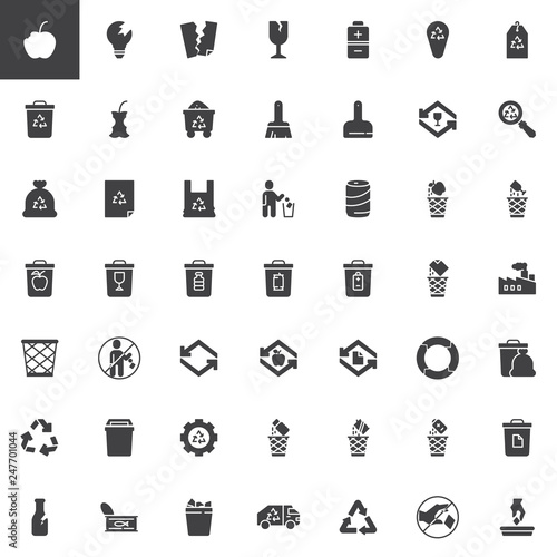 Garbage and recycling vector icons set, modern solid symbol collection, filled style pictogram pack. Signs logo illustration. Set includes icons as organic food waste, garbage bag, battery utilization