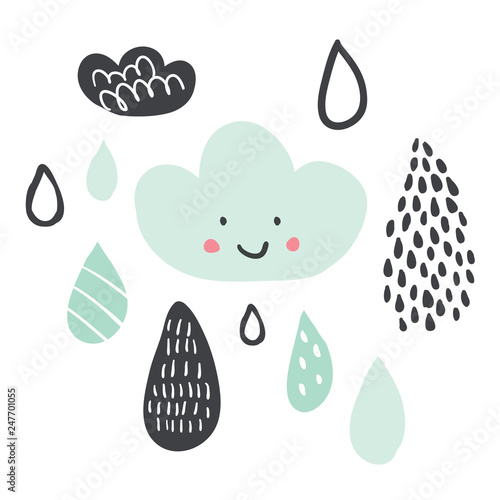 Funny colorful drops of rain clouds and rain drops