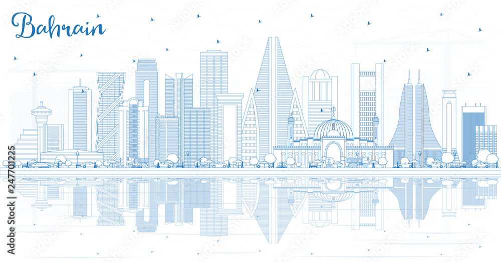 Outline Bahrain City Skyline with Blue Buildings and Reflections.