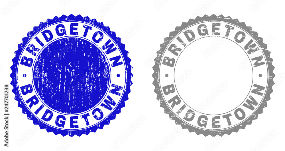 Grunge BRIDGETOWN stamp seals isolated on a white background. Rosette seals with grunge texture in blue and gray colors. Vector rubber overlay of BRIDGETOWN title inside round rosette.