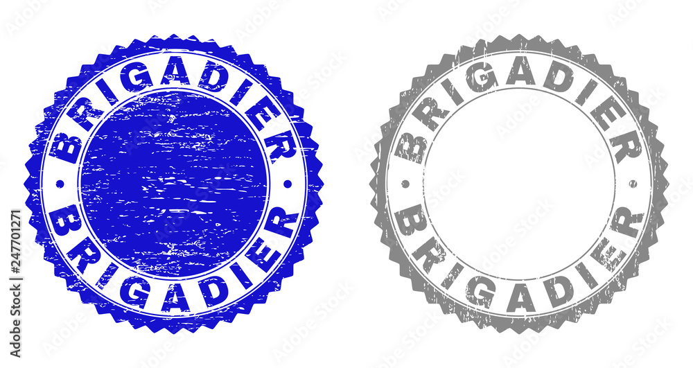 Grunge BRIGADIER stamp seals isolated on a white background. Rosette seals with grunge texture in blue and gray colors. Vector rubber imitation of BRIGADIER text inside round rosette.