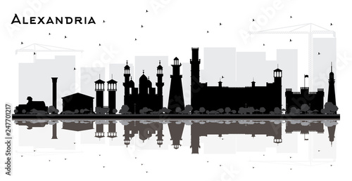 Alexandria Egypt City Skyline Silhouette with Black Buildings and Reflections Isolated on White.