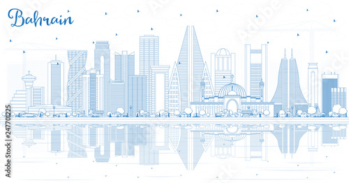 Outline Bahrain City Skyline with Blue Buildings and Reflections.