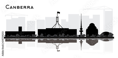 Canberra Australia City Skyline Silhouette with Black Buildings and Reflections Isolated on White.