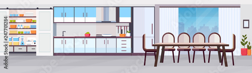 modern kitchen interior design with dining area panoramic view empty no people horizontal banner flat