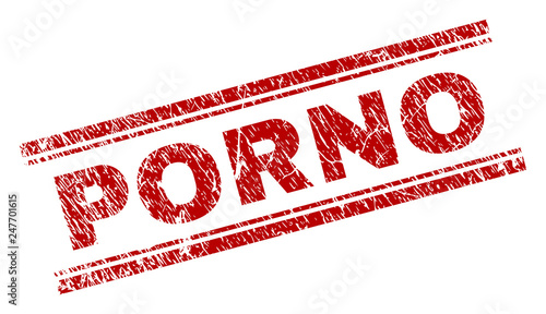 PORNO seal imprint with grunge style. Red vector rubber print of PORNO caption with scratched texture. Text caption is placed between double parallel lines.