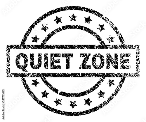 QUIET ZONE stamp seal watermark with distress style. Designed with rectangle, circles and stars. Black vector rubber print of QUIET ZONE text with grunge texture.